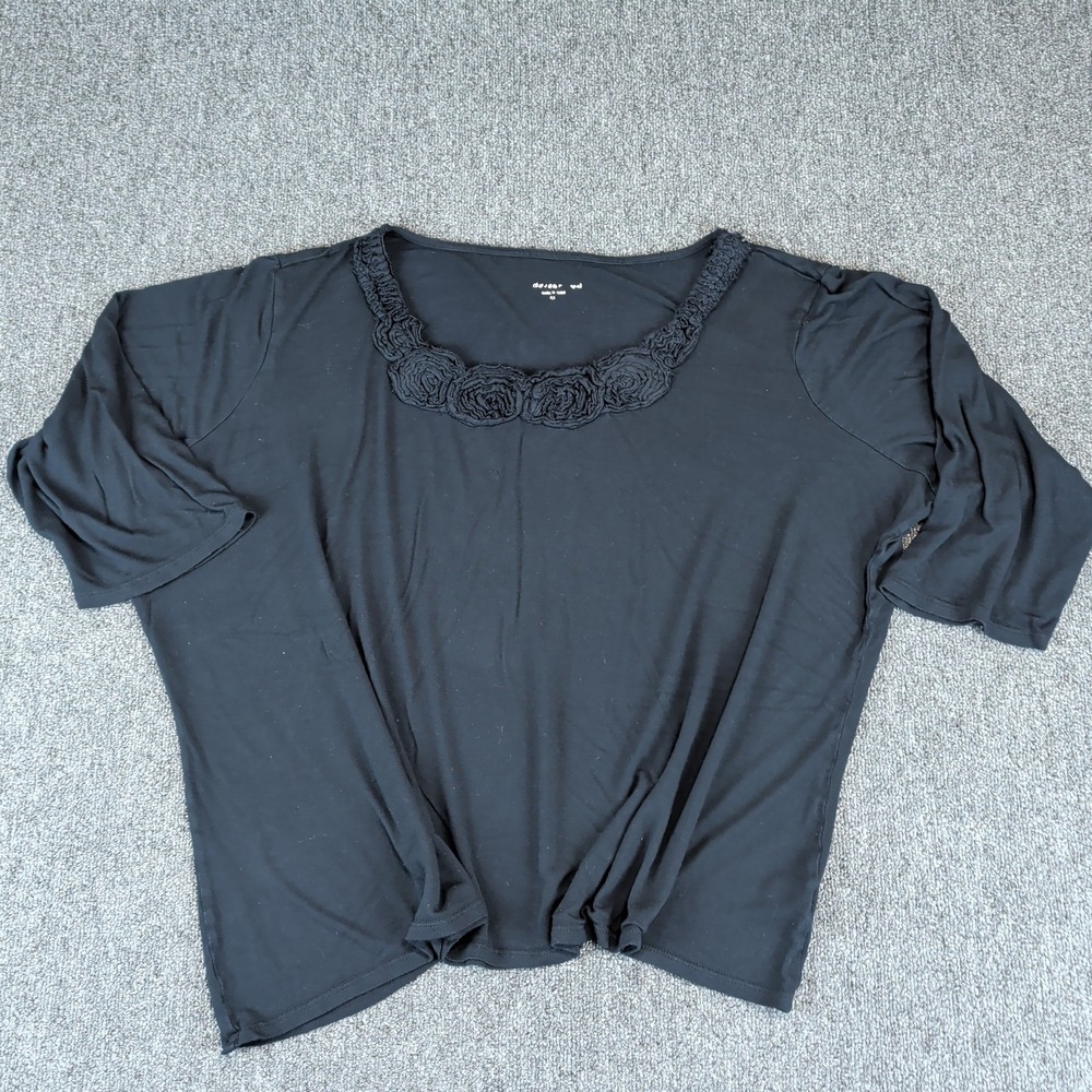 Coldwater Creek Coquette Rosette Neckline Top Women 2X‎ Black Viscose Boxy Shirt